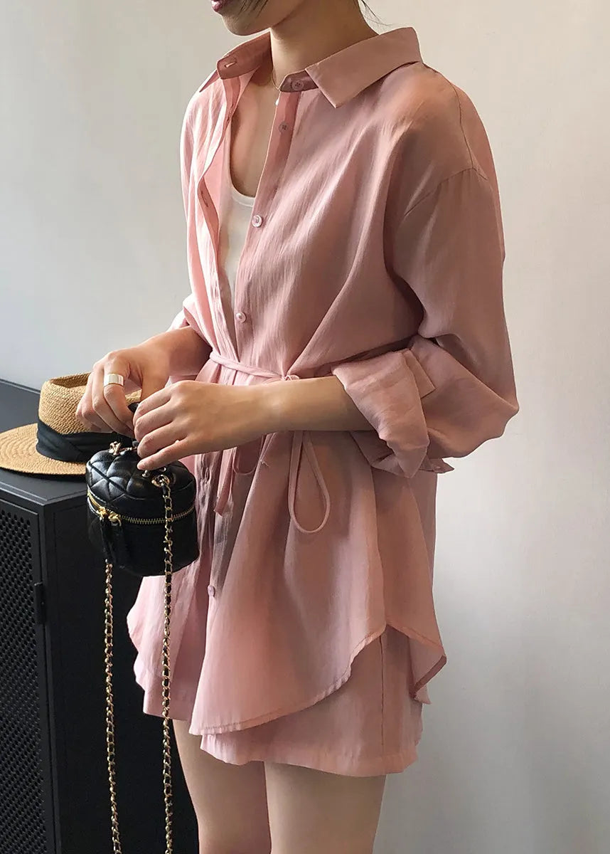 Loose Pink Lace Up Pockets Shirts And Shorts Silk Two Pieces Set Spring
