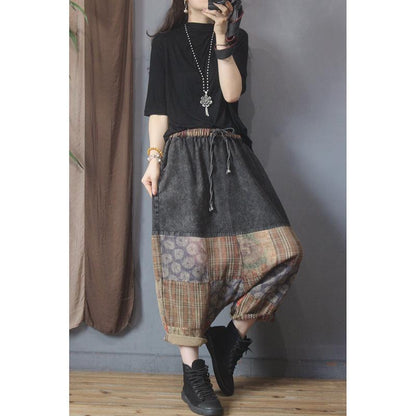 Stitching Pocket Drawstring Denim Low Drop Crotch Baggy Pants