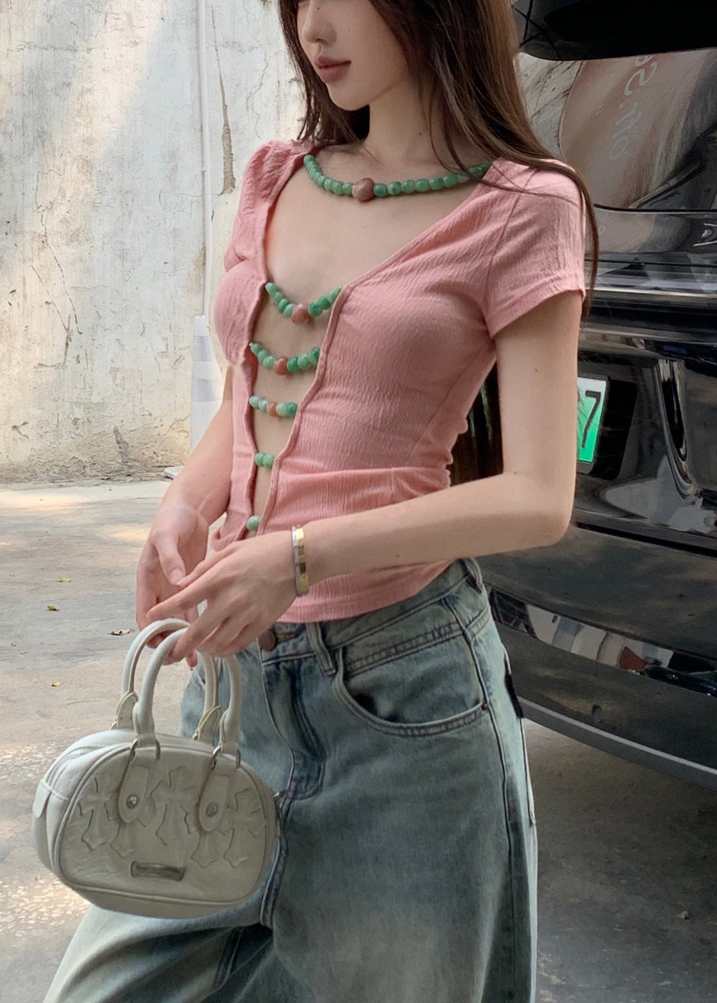 Sexy Pink Beading Wear On Both Sides Cotton T Shirts Summer