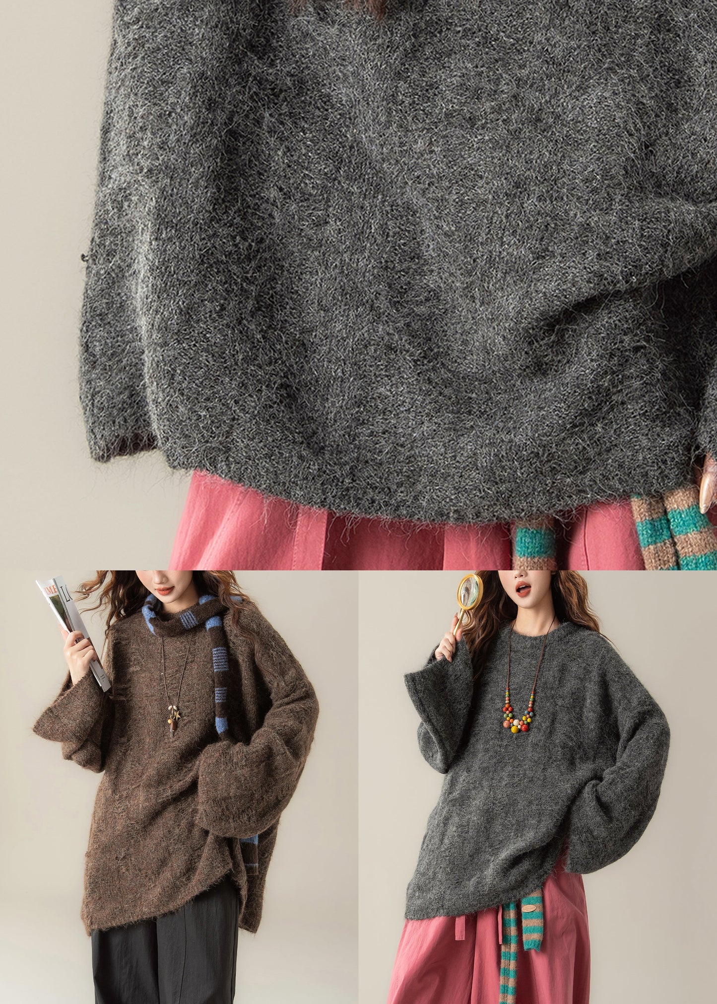 Dark Gray Solid Knit Pullover Sweater O Neck