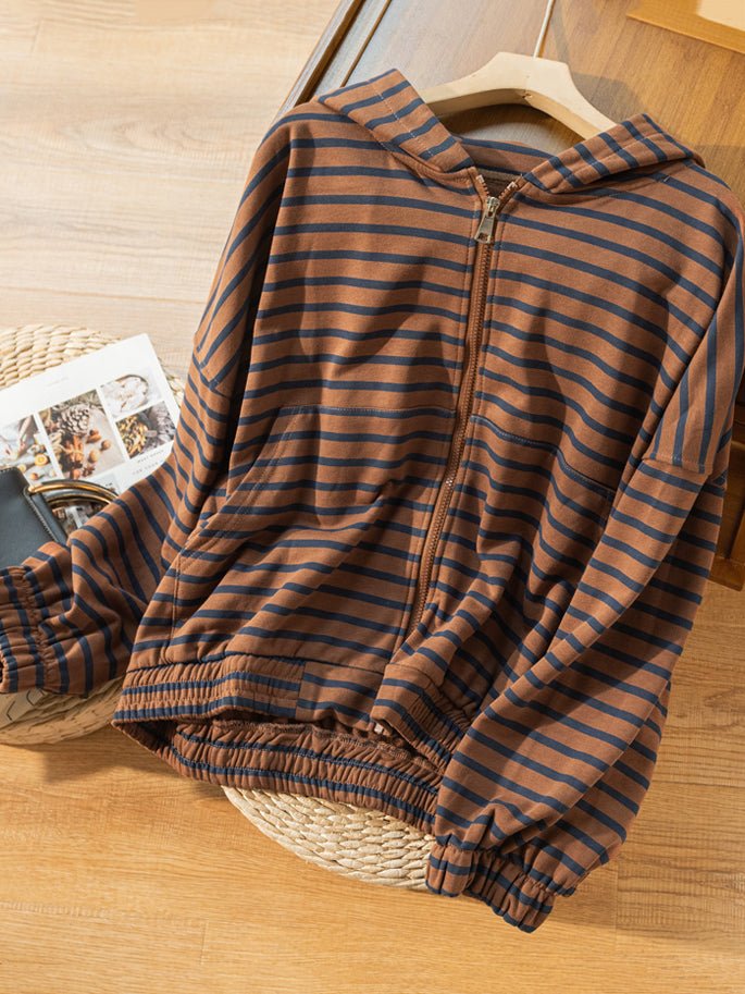 100% Natural Material Striped Zipper Literary Retro Hoodie Coat