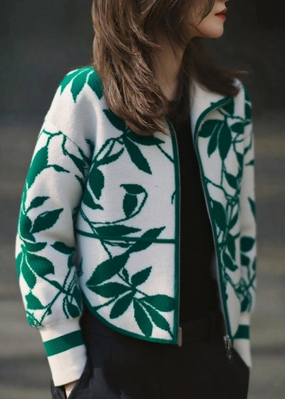 Vintage Green Zippered Patchwork Cotton Knit Cardigans Fall