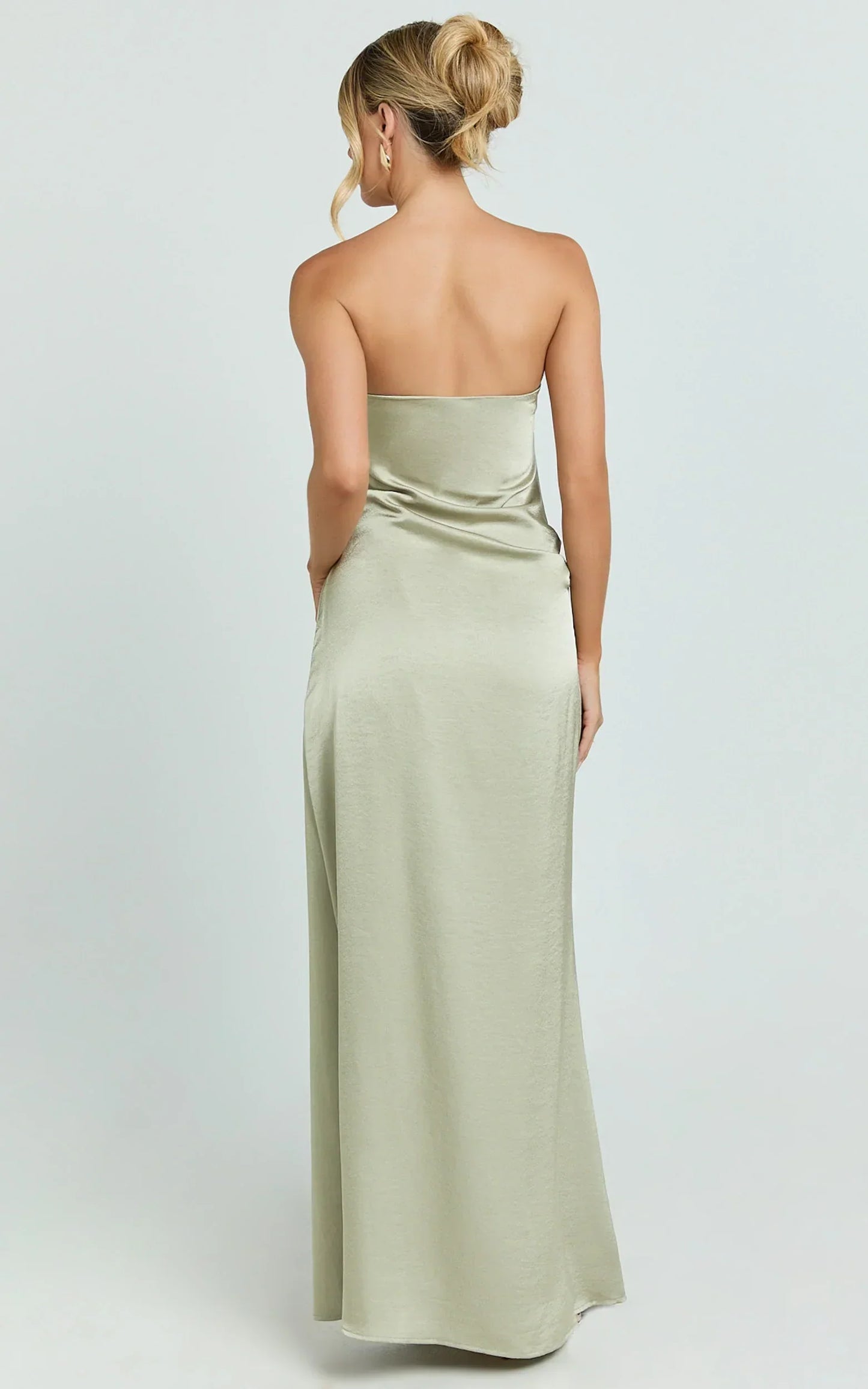 Laurie Maxi Dress - Strapless Draped Satin Dress In Light Olive