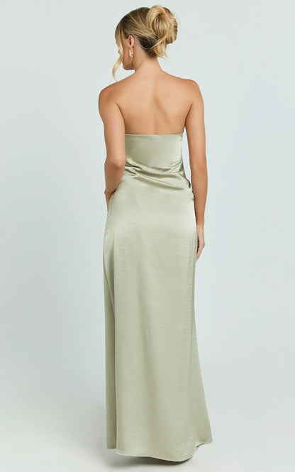 Laurie Maxi Dress - Strapless Draped Satin Dress In Light Olive