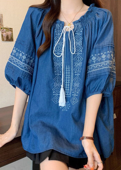 Boho Navy Ruffled Embroidered Cotton Blouses Bracelet Sleeve