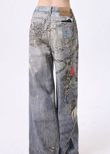 Casual Blue Pockets Chain Print Denim Straight Pants Spring