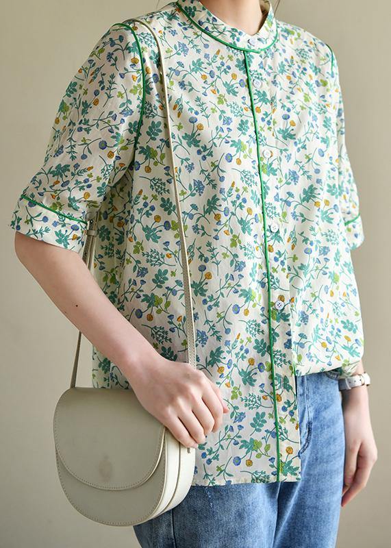 Plus Size Short Sleeve Green Print Cotton Blouses