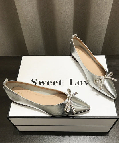 Women Comfy Bow Splicing Flat Shoes Gold Faux Leather Pointed Toe