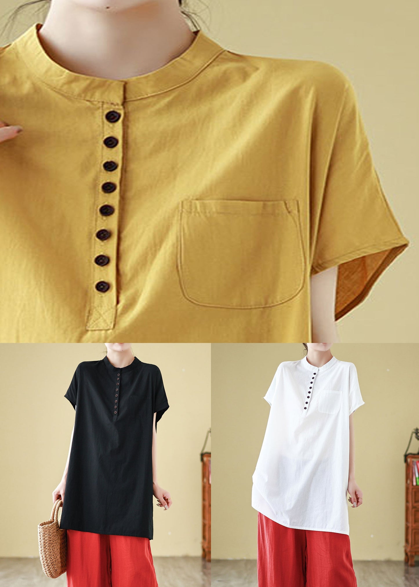 White Button Solid Cotton Summer T Shirt O Neck