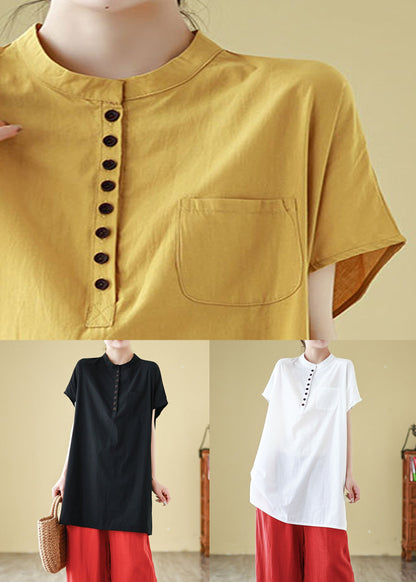 White Button Solid Cotton Summer T Shirt O Neck