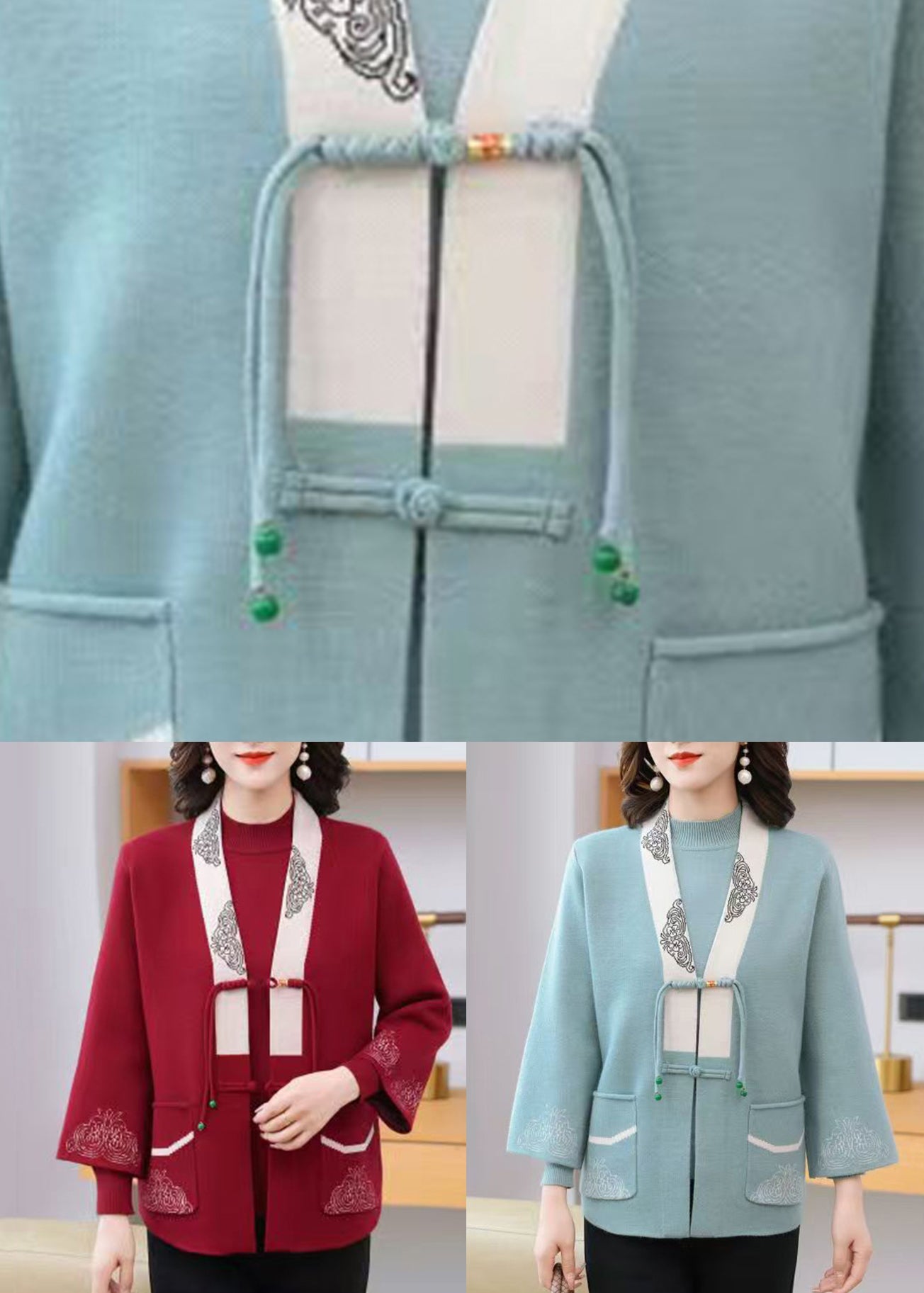 Red Patchwork Pockets Cotton Knit Coats And Sweaters Two Piece Set Three Quarter Sleeve