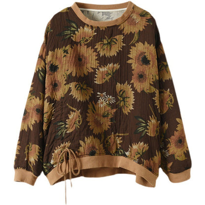 Large Size Slim Round Neck Printed Retro Casual Loose Sweater