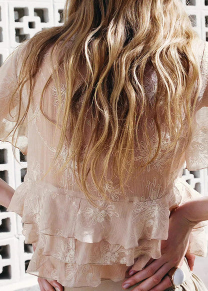 Elegant Pink Ruffled Chiffon Shirts And Skirts Two Pieces Set Summer