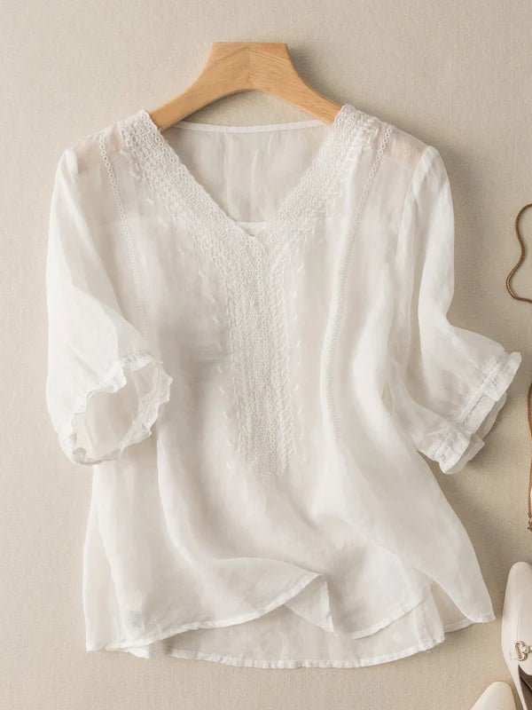 Solid Color V Neck Short Sleeve Casual Linen Top