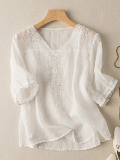 Solid Color V Neck Short Sleeve Casual Linen Top