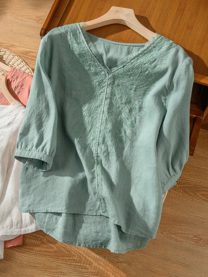 Embroidered V Neck 3/4 Sleeve Casual Linen Tee Top