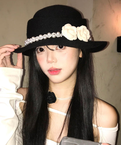 Elegant Black Pearl Floral Knit Cloche Hat