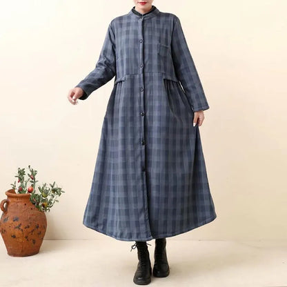 Thick Retro Cotton Linen Plaid Long Coat Dress
