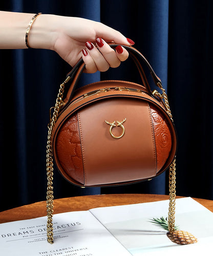 Casual Versatile Brown Calf Leather Round Bag