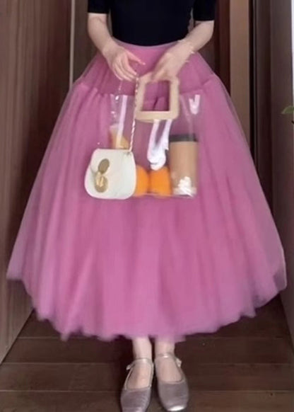 New Pink Wrinkled Solid Tulle Skirt Summer