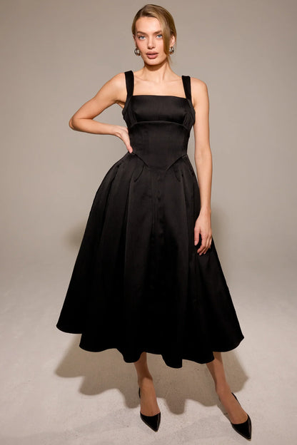 Black Textured Satin Corset Midi Dress