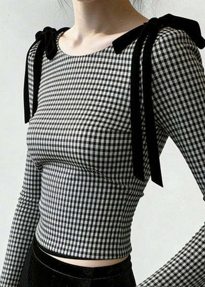 French Grey Plaid Bow Silm Fit Blouses Flare Sleeve