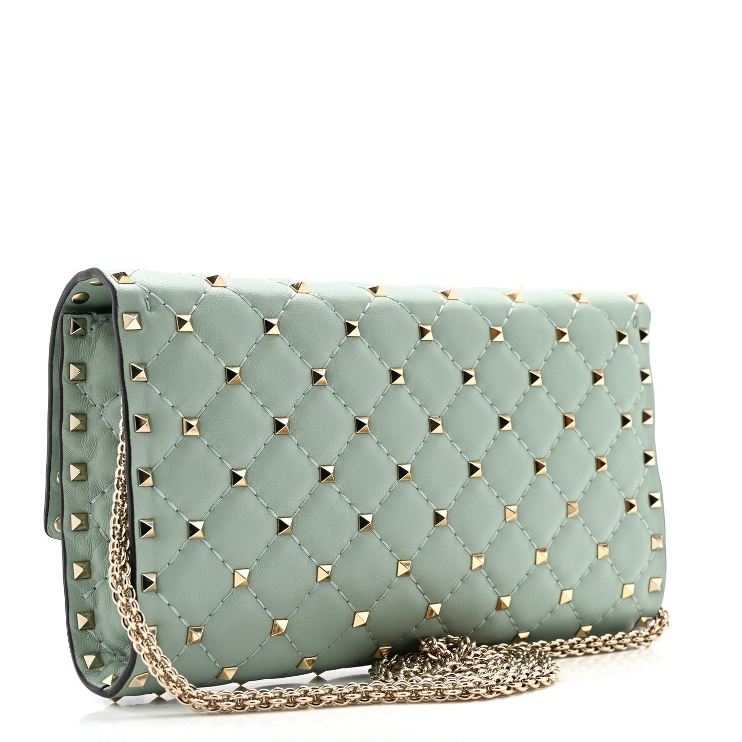 Lambskin Rockstud Spike Wallet on Chain Morning Dew
