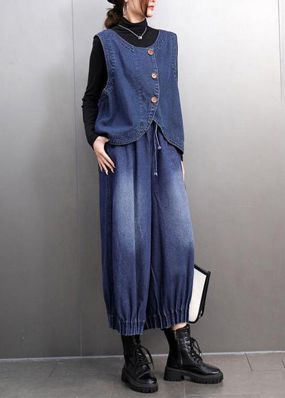 Fashion Navy Oversized Denim Vests And Harem Pants Two Pieces Set Summer
