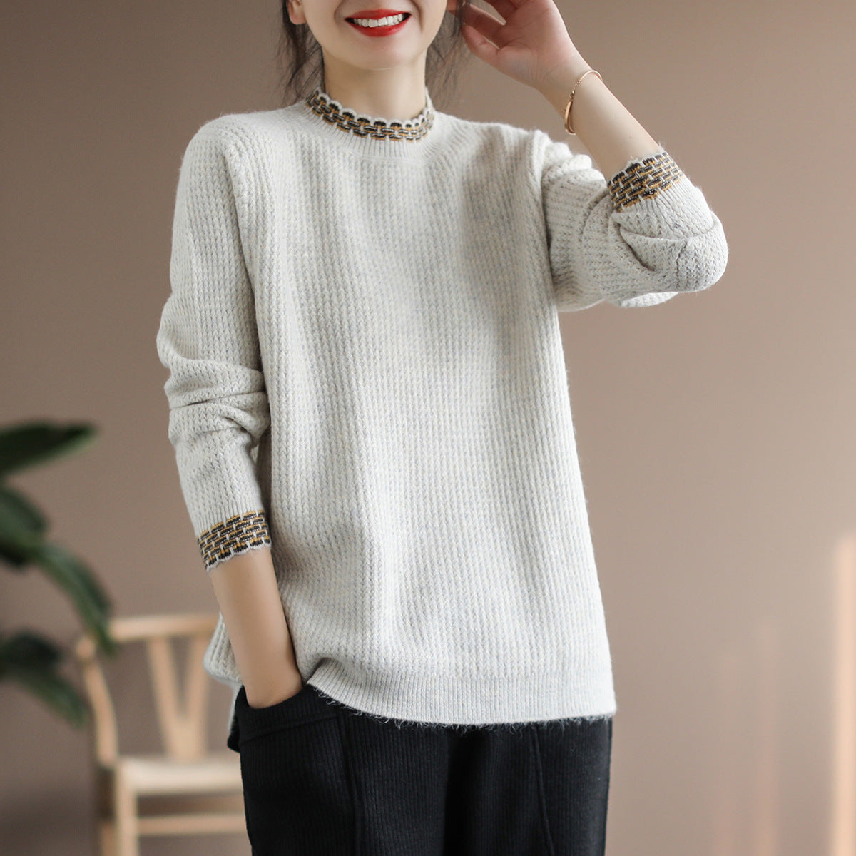 Women Vintage Winter Spliced Knitted Loose Sweater