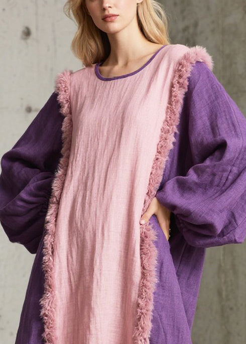 Art Colorblock Oversized Patchwork Faux Fur Dresses Fall