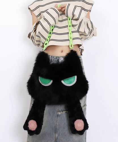 Novelty Black Cat Shaped Fuzzy Fur Fluffy Girls Handbags