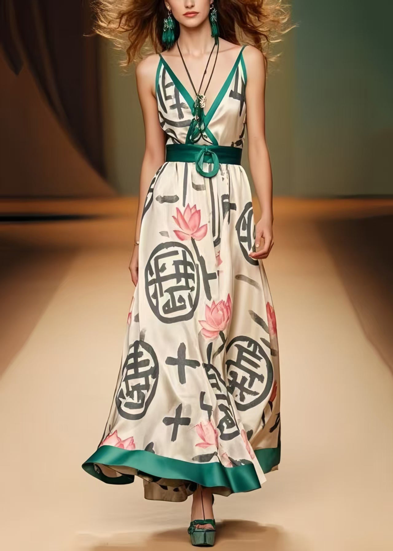 Bohemian Khaki Cinched Print Silk Spaghetti Strap Dress Summer