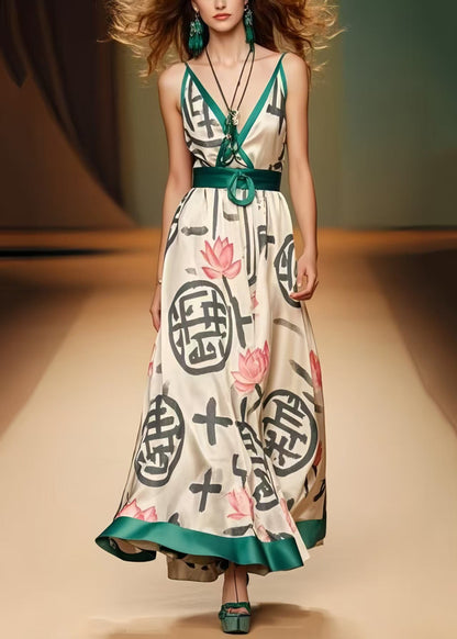 Bohemian Khaki Cinched Print Silk Spaghetti Strap Dress Summer
