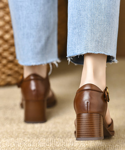 Brown Hollow Out Chunky Cowhide Leather Chic Splicing Sandals