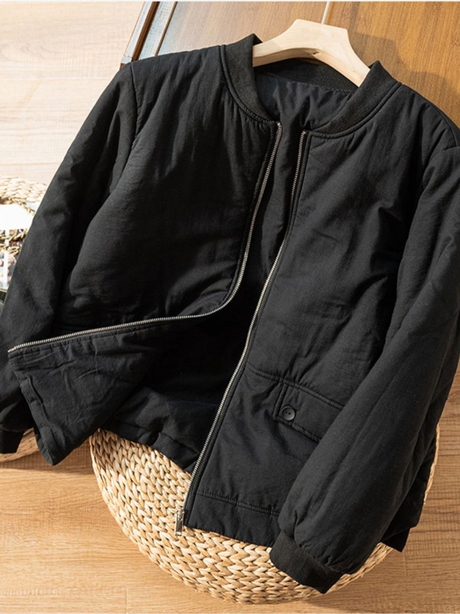 100% Natural Fabric Solid Zipper Round Neck Long Sleeve Coat