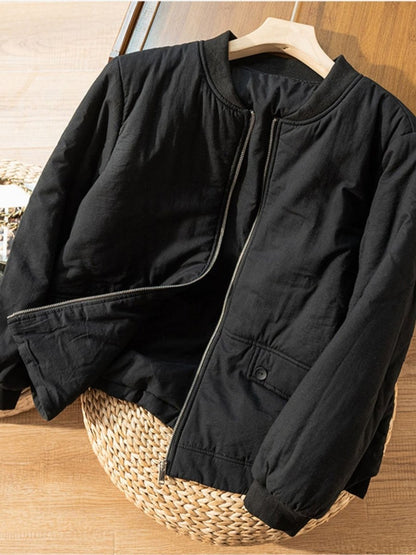 100% Natural Fabric Solid Zipper Round Neck Long Sleeve Coat