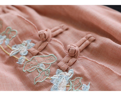Vintage Double Cotton Linen Embroidered Buckle A-Line Skirt
