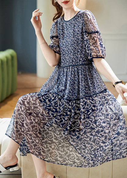 Women Navy O Neck Print Patchwork Chiffon Dresses Summer