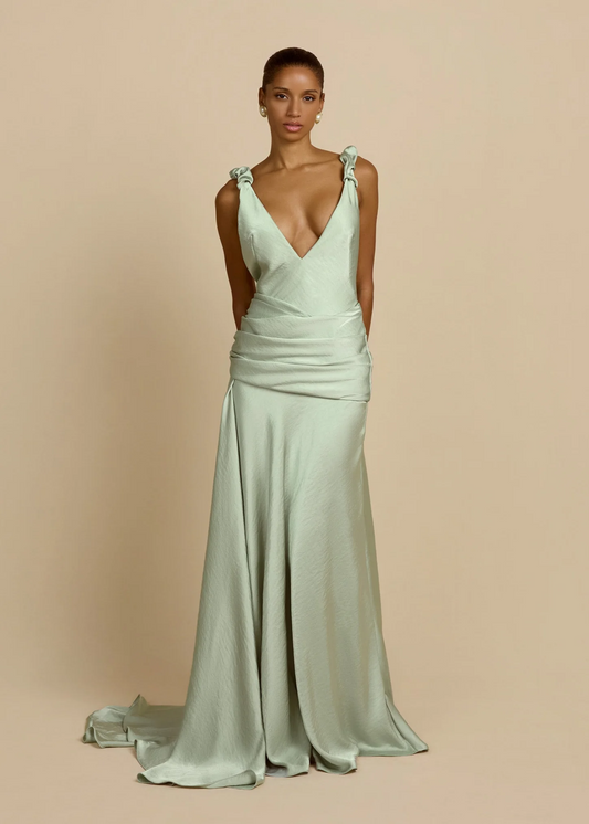 Deep V Open-Back Satin Draped Train Gown