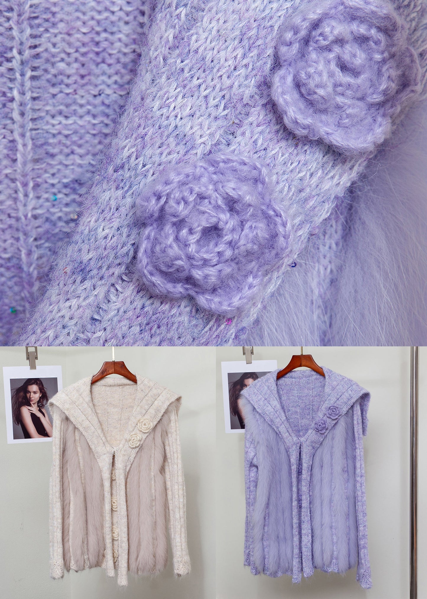 Oatmeal Floral Patchwork Knit Winter Sweaters Fox Fur