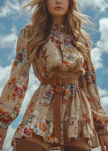 Chic Ruffled Print Patchwork Cotton Mini Dress Long Sleeve