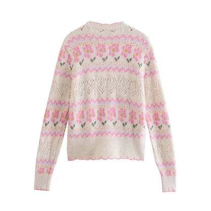 New sweet hollow flower jacquard V-neck knitted coat sweater  7373