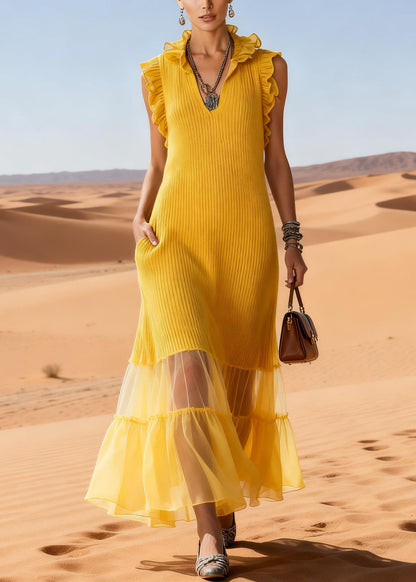 Elegant Yellow Ruffled Tulle Patchwork Knit Long Sweater Dress Sleeveless