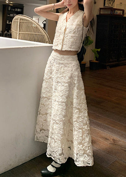 Elegant Beige V Neck Floral High Waist Cotton Two Pieces Set Sleeveless