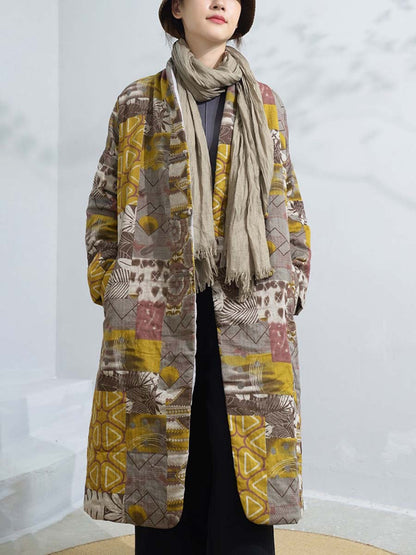 Women Winter Artsy Print Frog Loose Long Coat