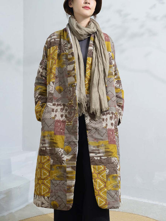 Women Winter Artsy Print Frog Loose Long Coat