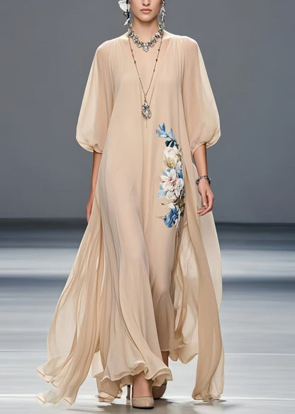 Art Khaki Oversized Floral Chiffon Holiday Dress Summer