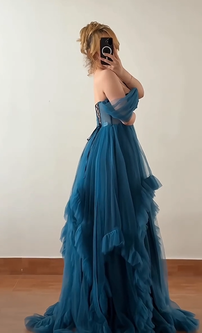 Sexy off-the-Shoulder Tube Top Mesh Solid Color Evening Dress