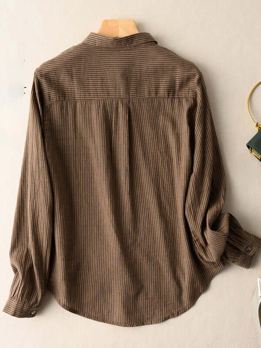 100% Natural Fabric Striped Long-Sleeve Casual Loose Shirt