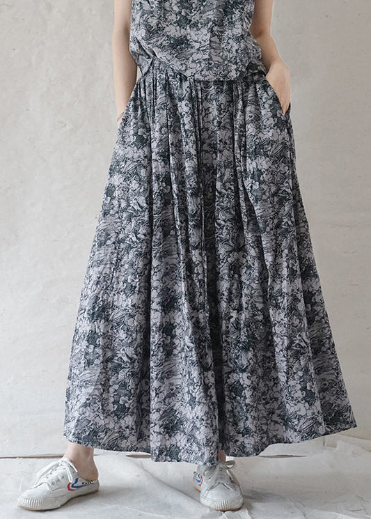 Bohemian Grey elastic waist drawstring Print Cotton Skirts Spring